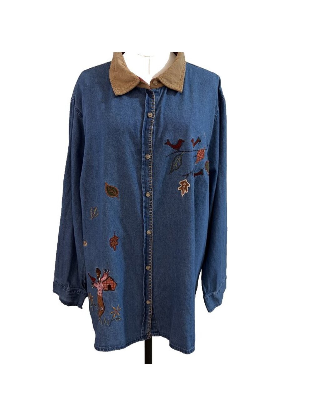 White Stag Fall Denim Shirt Women’s 26/28W Embroidered Halloween Thanksgiving